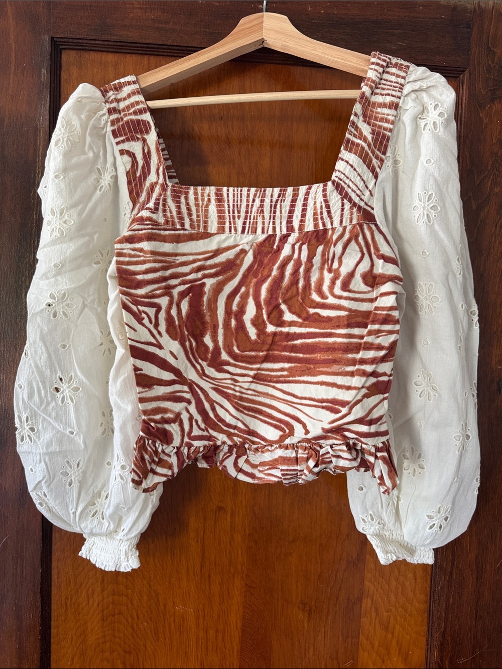 Eyelet Puff-Sleeve Blouse with Rust Zebra Bodice